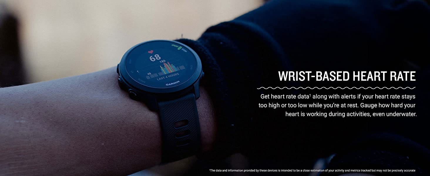 black Garmin Forerunner 945 showing heart rate monitoring score on screen while worn on the wrist