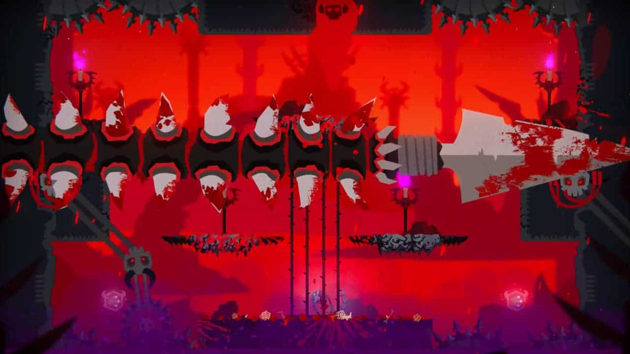EleMetals: Death Metal Death Match game scene featuring a big arrow covered with blood in front of red and purple background