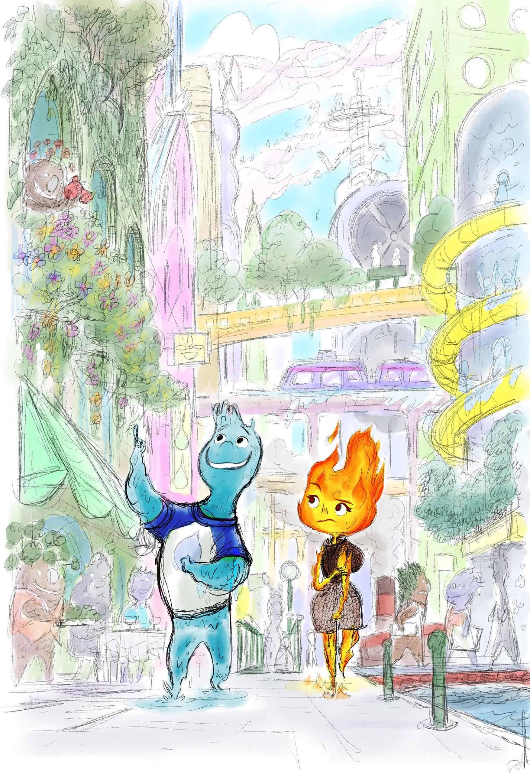 Elemental concept art with Wade and Ember walking on the town's sidewalk