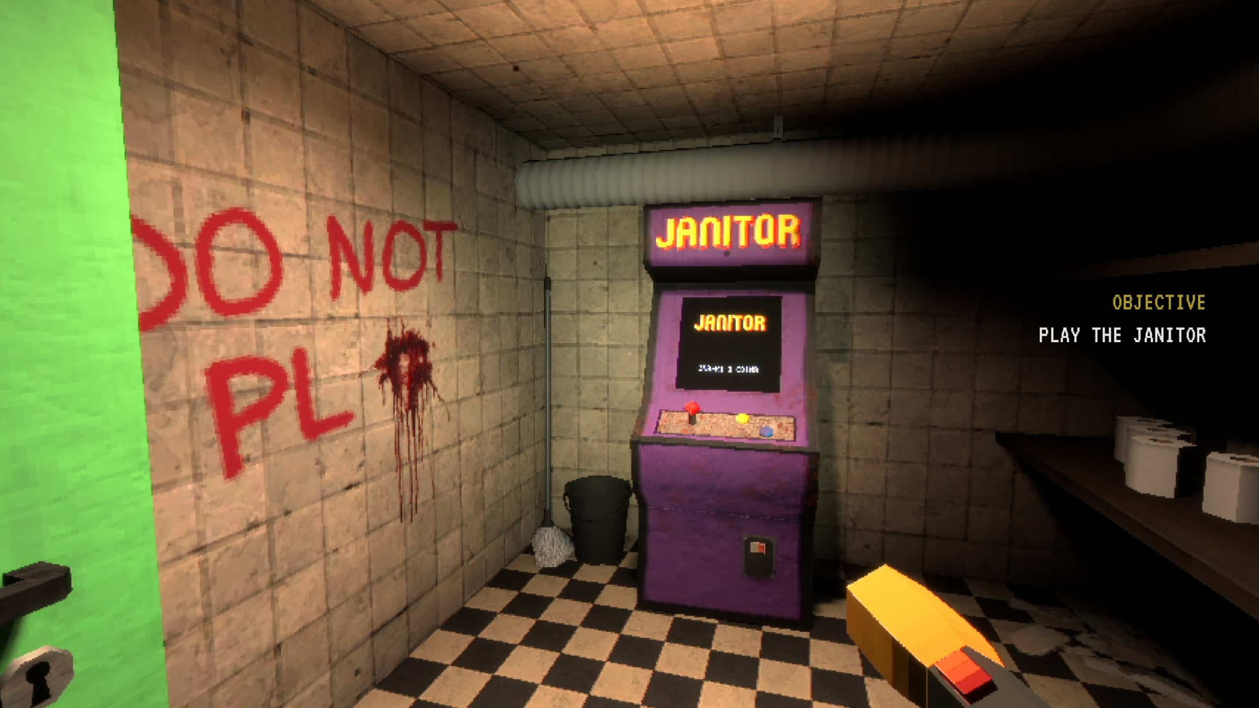 an arcade machine called Janitor placed in a dark horror-looking arcade with black and white tiles and a wall with a written message printed in red