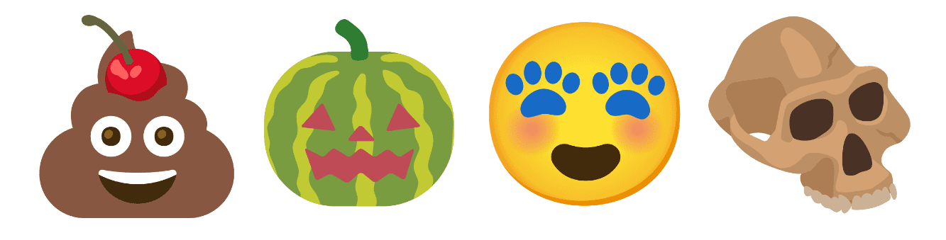 caca cu cireșe deasupra, pepene verde cu fața de jack-o-lantern, emoji cu ochi amprente cu labe, emoji cu craniu de neanderthal