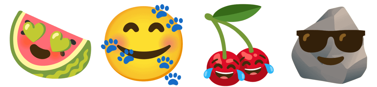 watermelon emoji with face, emoji with paw prints, emoji cherries with faces, rock emoji wearing sunglasses