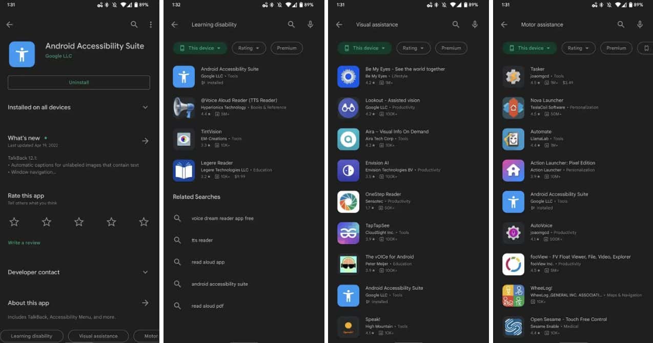 Mobile screenshot of Google Play Store's new accessibility (a11y) tags