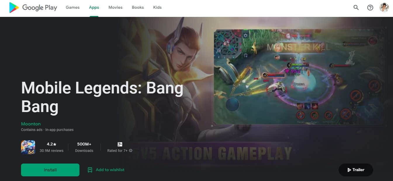 Google Play Games tab showing app listing preview of Mobile Legends