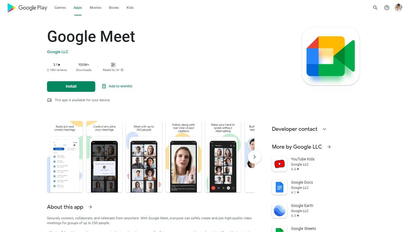 Google Play, Google Meet app listing with app suggestions from Google LLC Developer