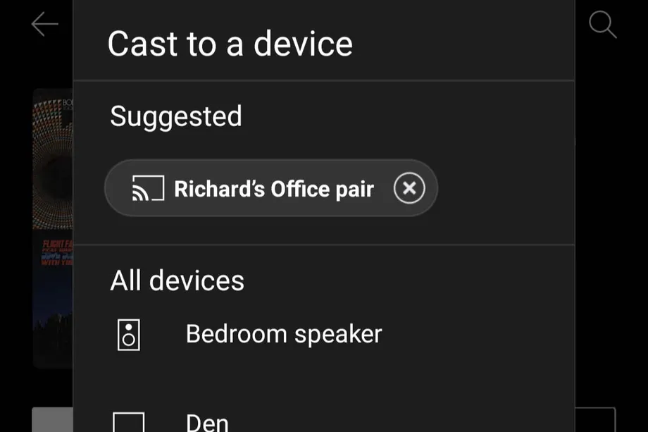 “Suggested” section of Cast to a device menu in YouTube Music app