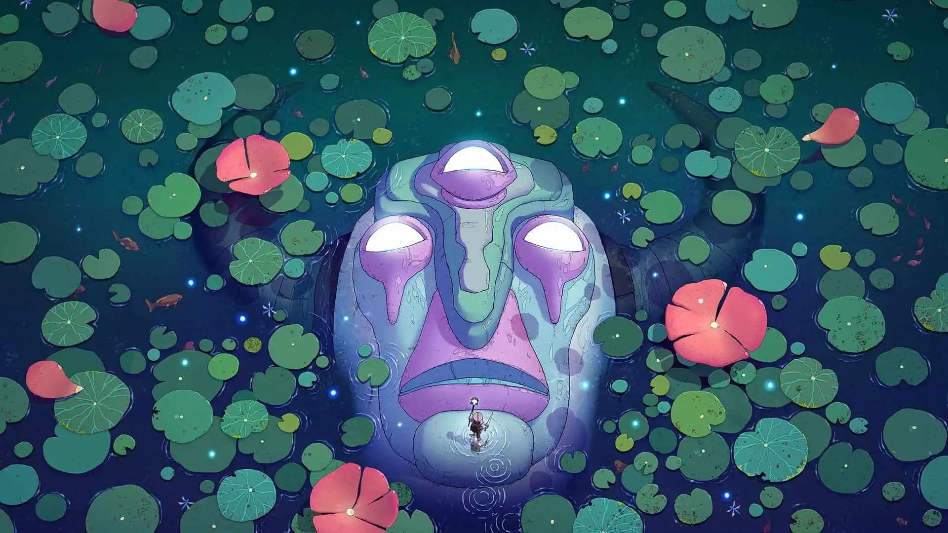 player's characters standing in a big blue and purple mask floating in a lake filled with lotus leaves around