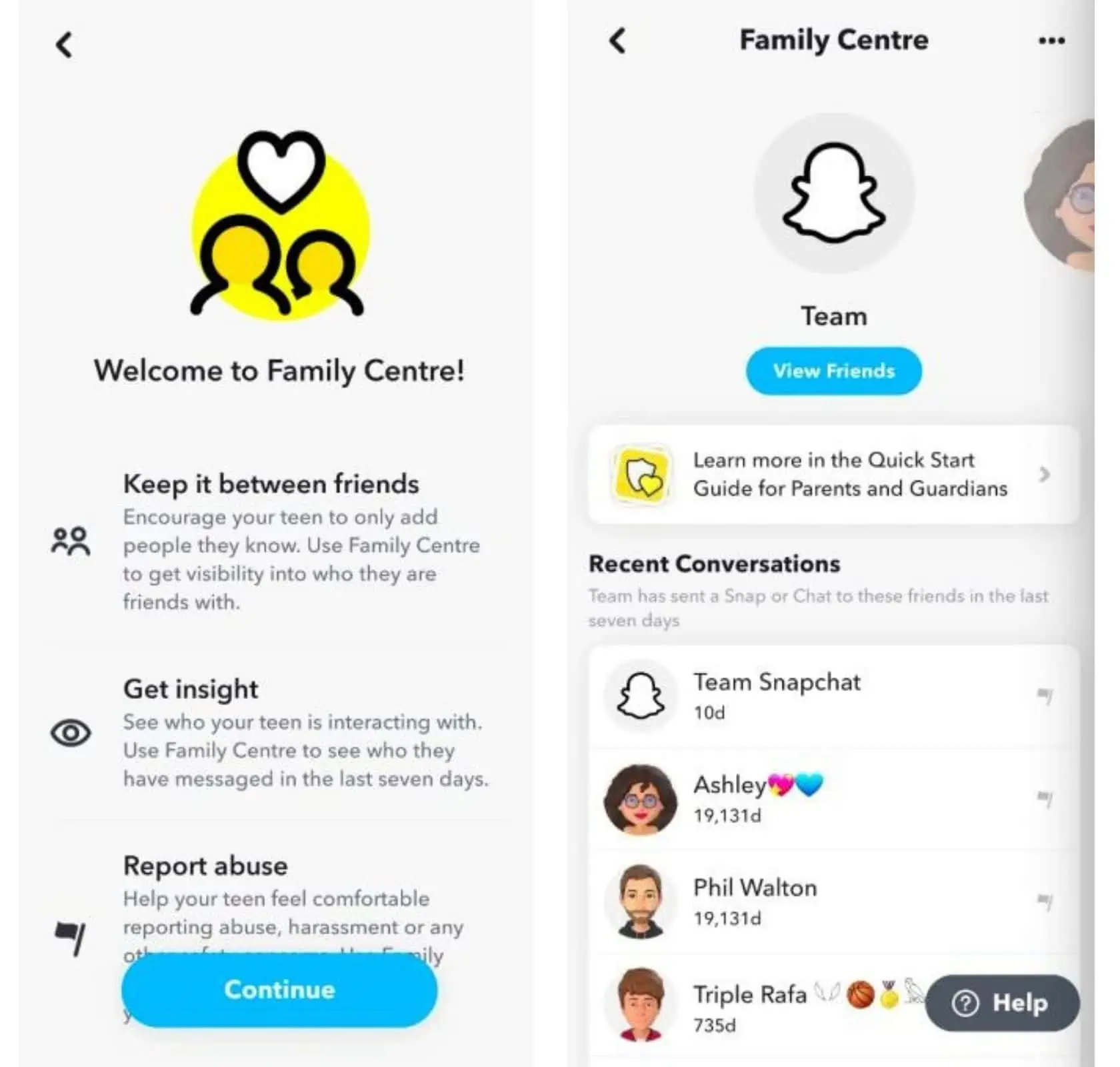 Snapchat's Family Center mobile screenshots