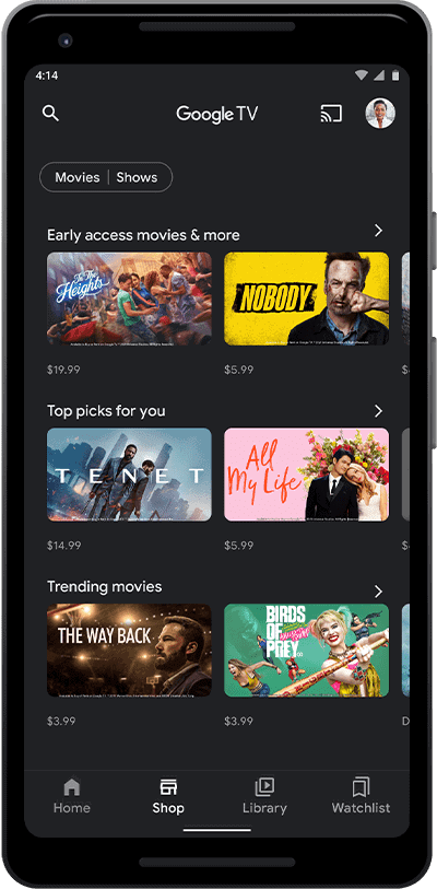Android phone showing launched Google TV app on screen with previews of movies and shows above the four tabs: Home, Shop, Library, and Wishlist
