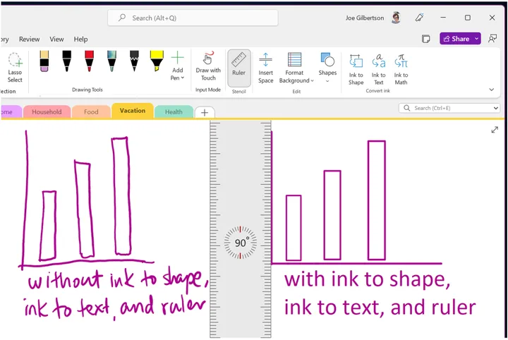 OneNote app updated draw tab and tools with a section below showing sketches of graphs in violet ink