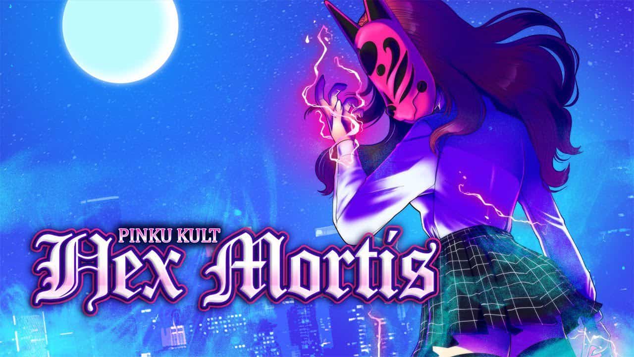 Pinku Kult: Hex Mortis game poster with title featuring a long-haired girl in the fox mask and school uniform