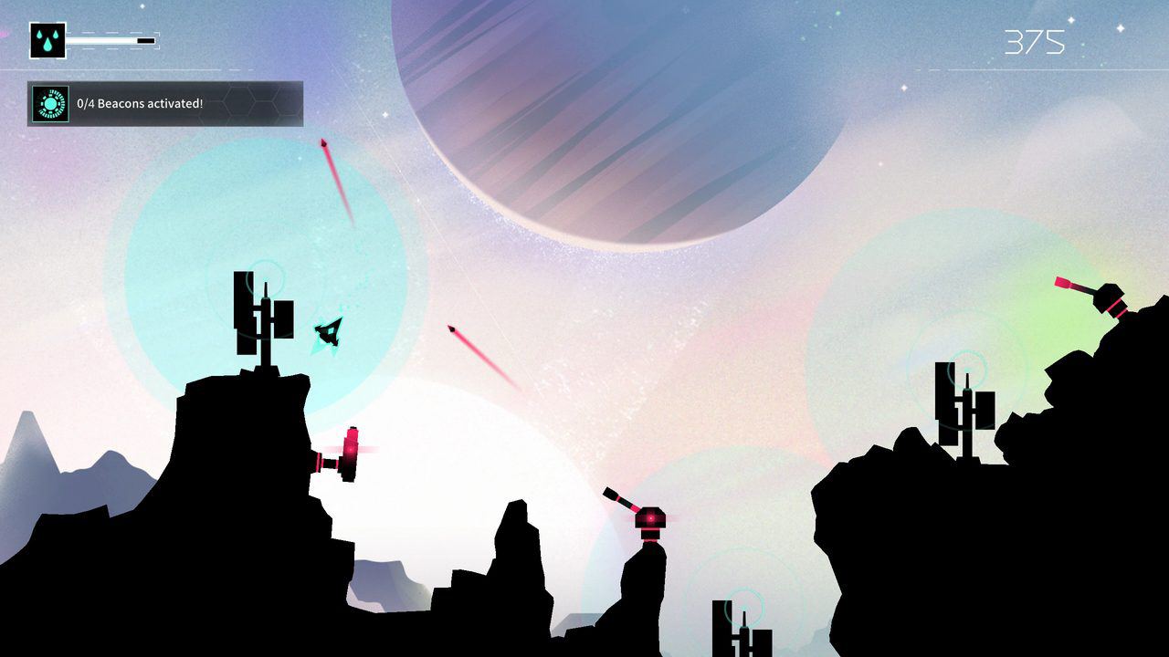 Gravitar: Recharged game scene screenshot with silhouette of weapons firing and planetary background