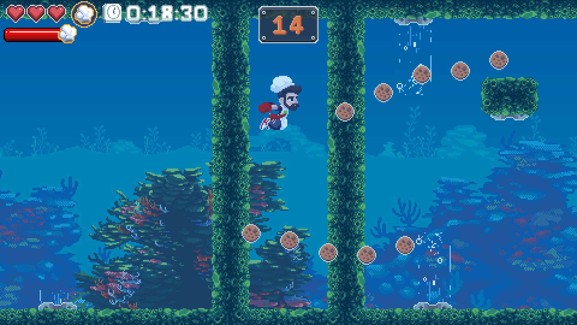 a baker swimming underwater while collecting cookies floating in the water above the corals