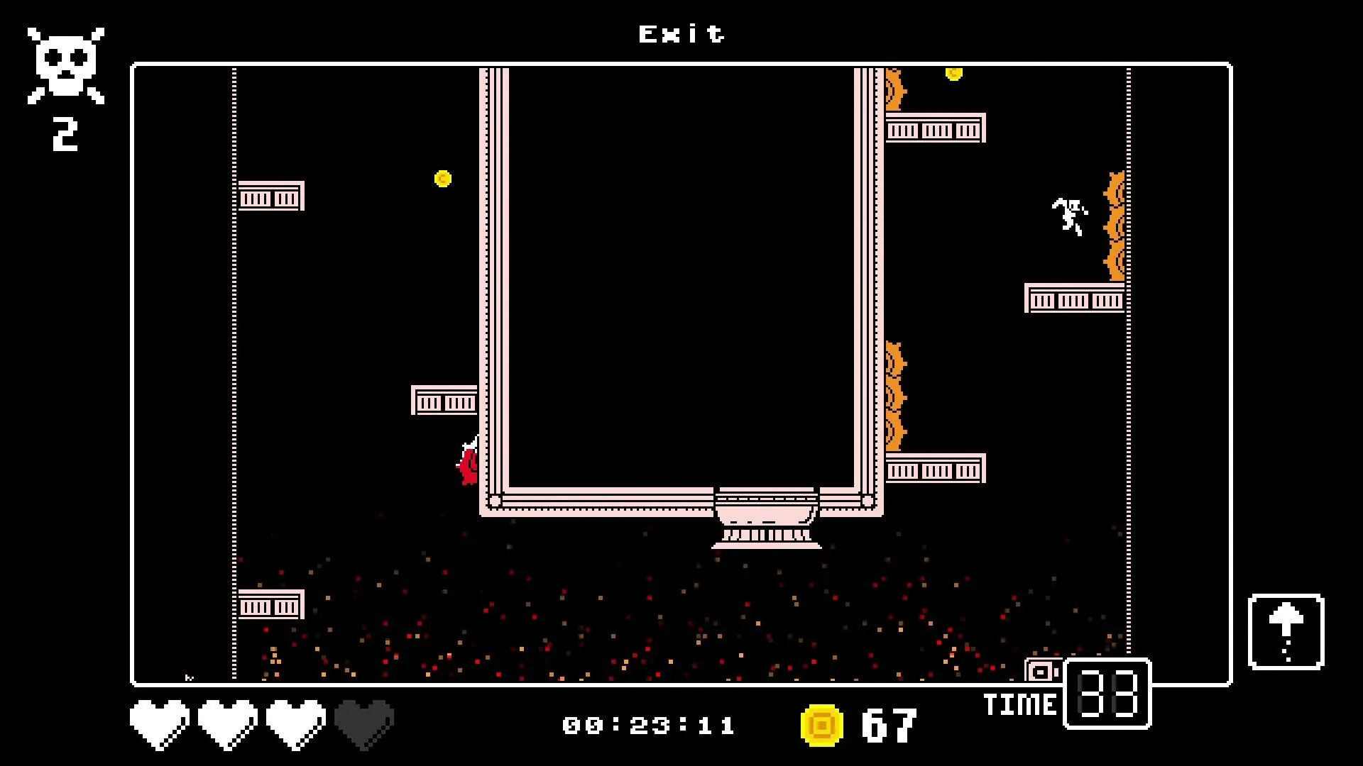 TEN – Ten Rooms, Ten Seconds game scene with black background and platforms with traps, saw blades, and cannon fires