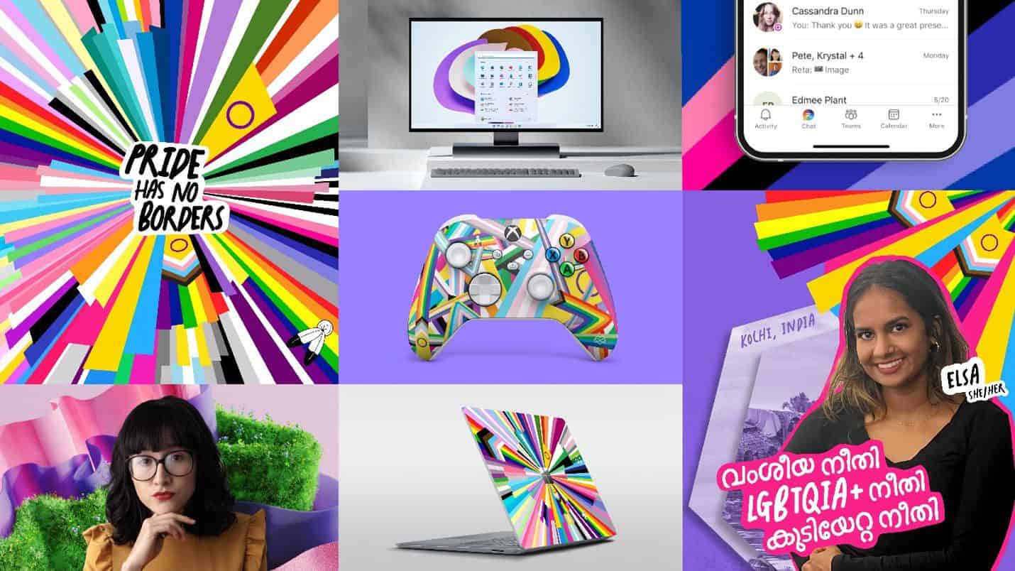 Microsoft 2022 Pride activities and LGBTQIA+-inspired products: app themes, laptop skins, campaign aesthetics, and controller