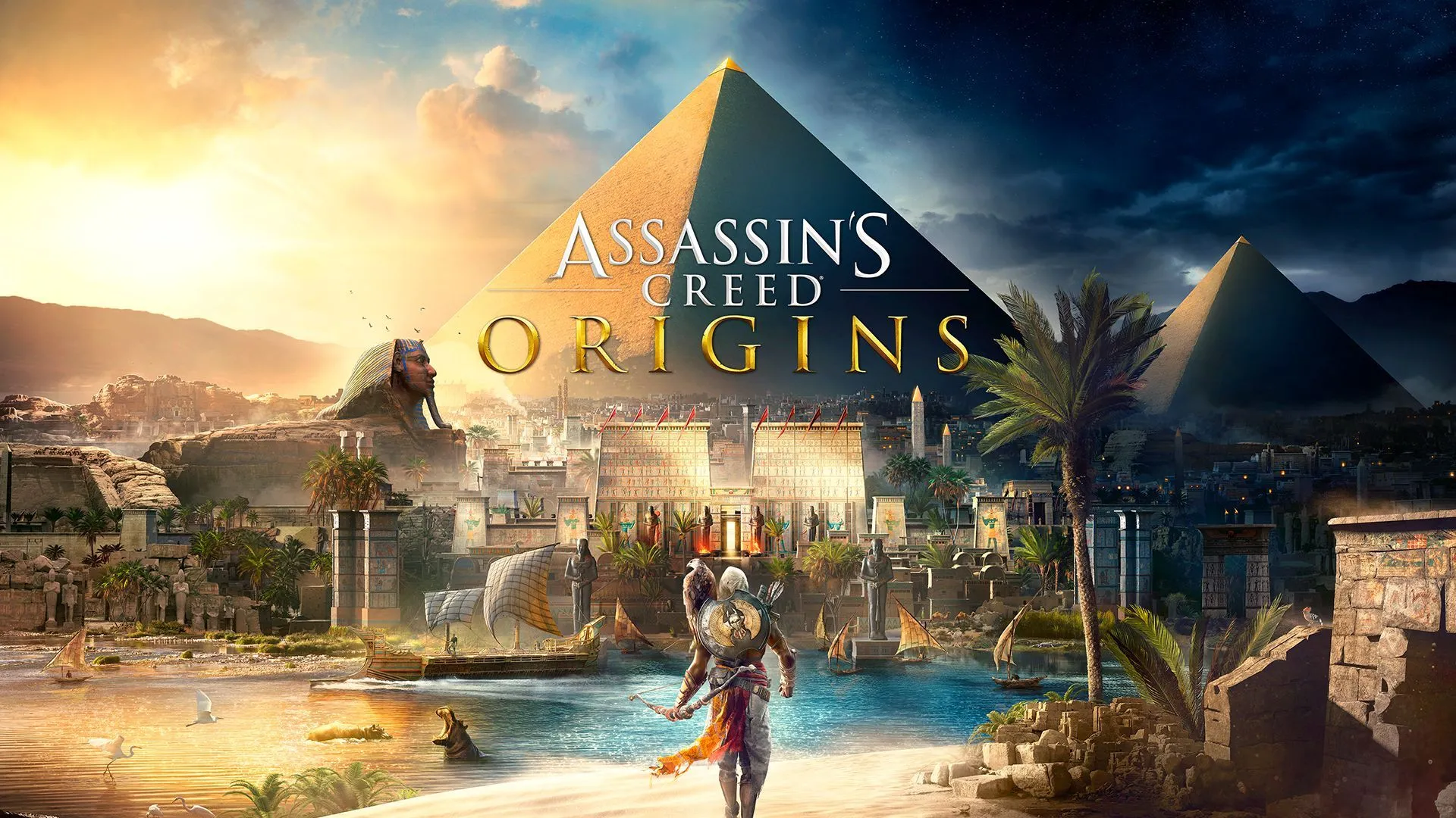 Assassin's Creed Origins game poster with an assassin standing in front of the Nile River, Sphinx, and the pyramids all set in ancient Egypt