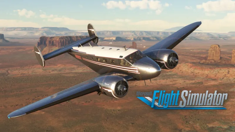 Beechcraft Model 18 flying in Microsoft Flight Simulator