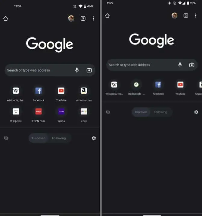 Google Android New Tab Page old and new designs with favicons in grid and carousel arrangements