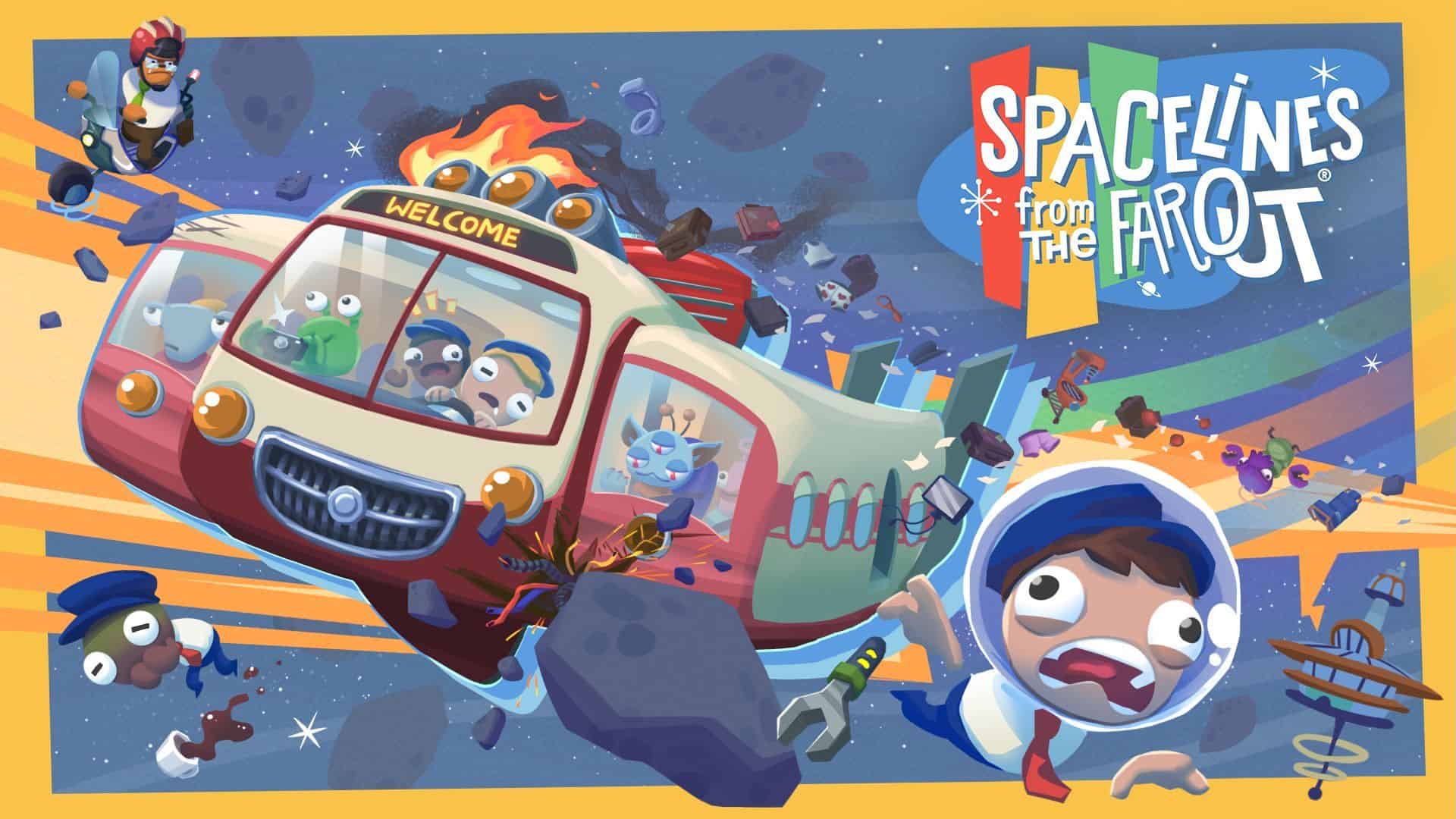 Spacelines from the Far Out game poster showing a bus with human and alien passengers in the outer space