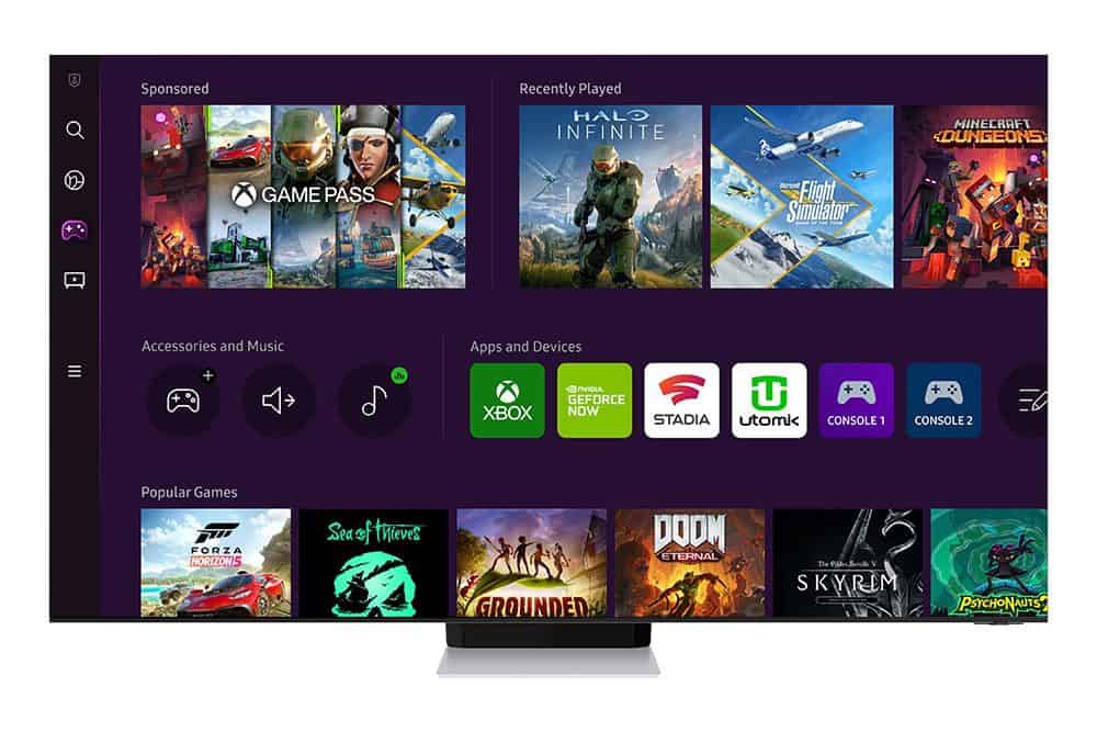 Smart TV näyttää Samsung Gaming Hubin Xbox-sovelluksella ja erilaisilla pelijulisteilla