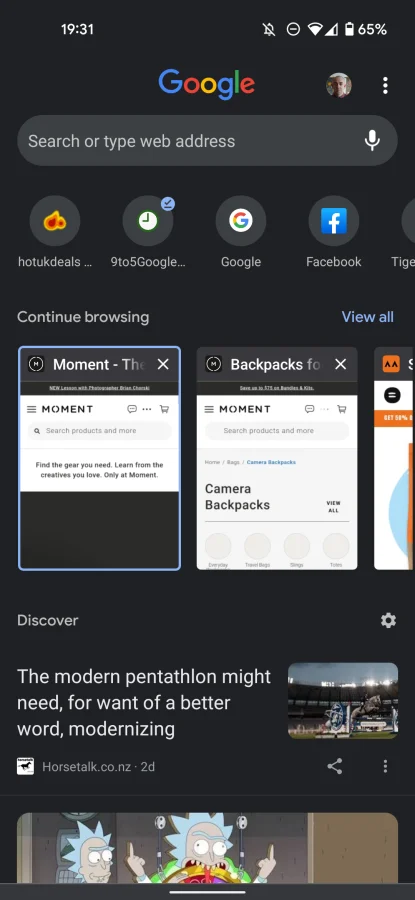 Google Chrome Android design test with Favicons in carousel arrangement and a new "Continue browsing" section