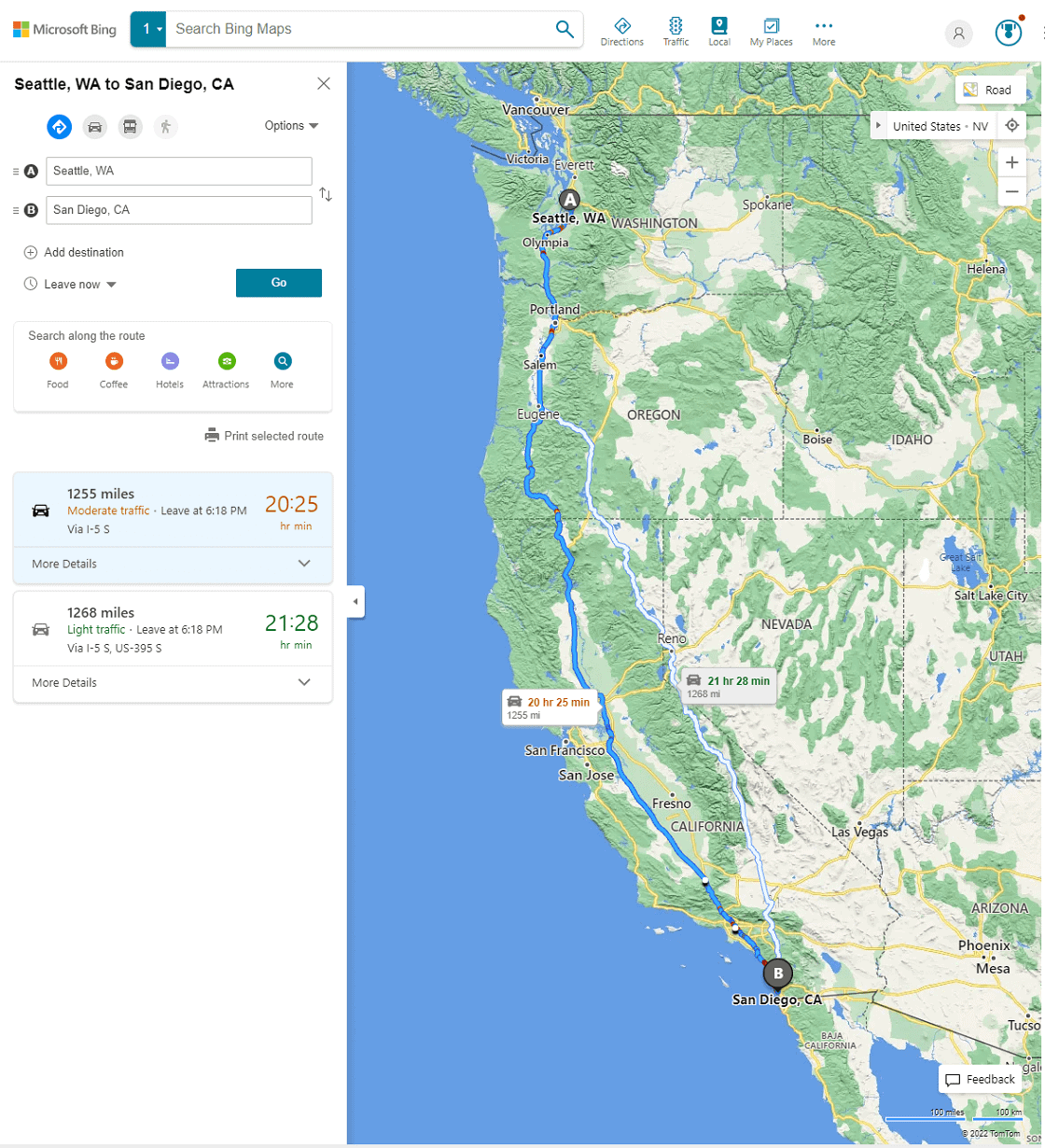 Bing 지도의 거리 계산기 앱 스크린샷