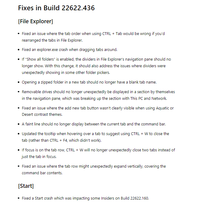 Windows 11 Build 22621.436 fixes