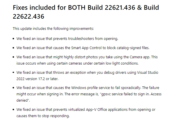 Windows 11 Build 22621.436 and 22622.436 fixes