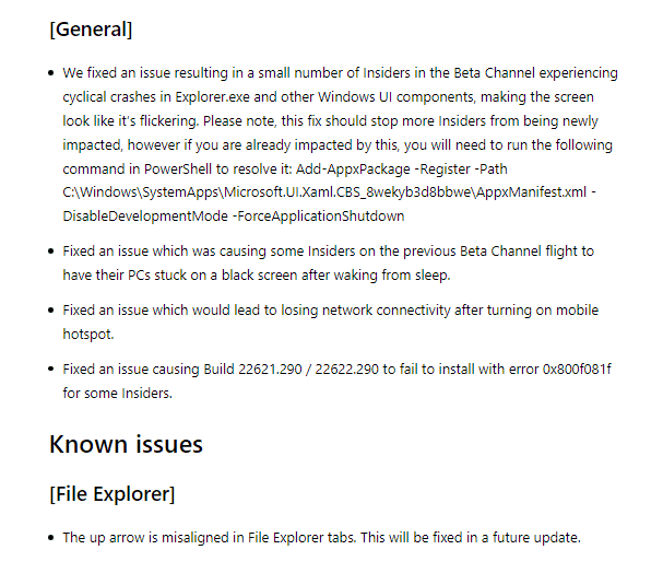 Windows 11 Build 22621.436 and 22622.436 general fixes and known issue