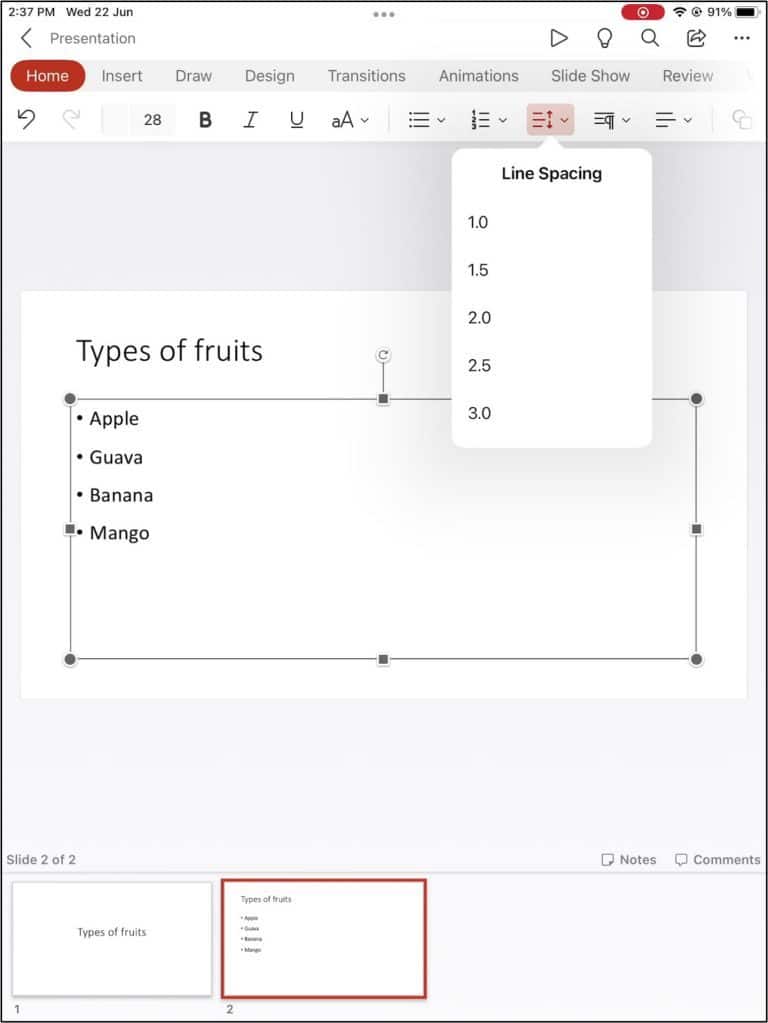 new text spacing customization feature in PowerPoint in iPad