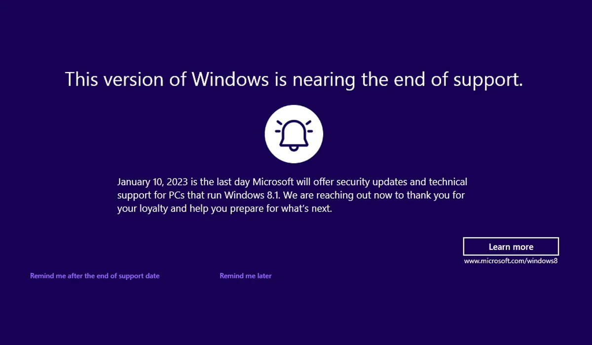 Windows 8.1 'End of Support' Screen Warning