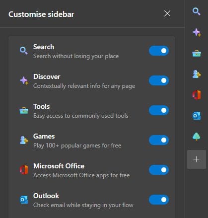 Microsoft Edge sidebar customization setting