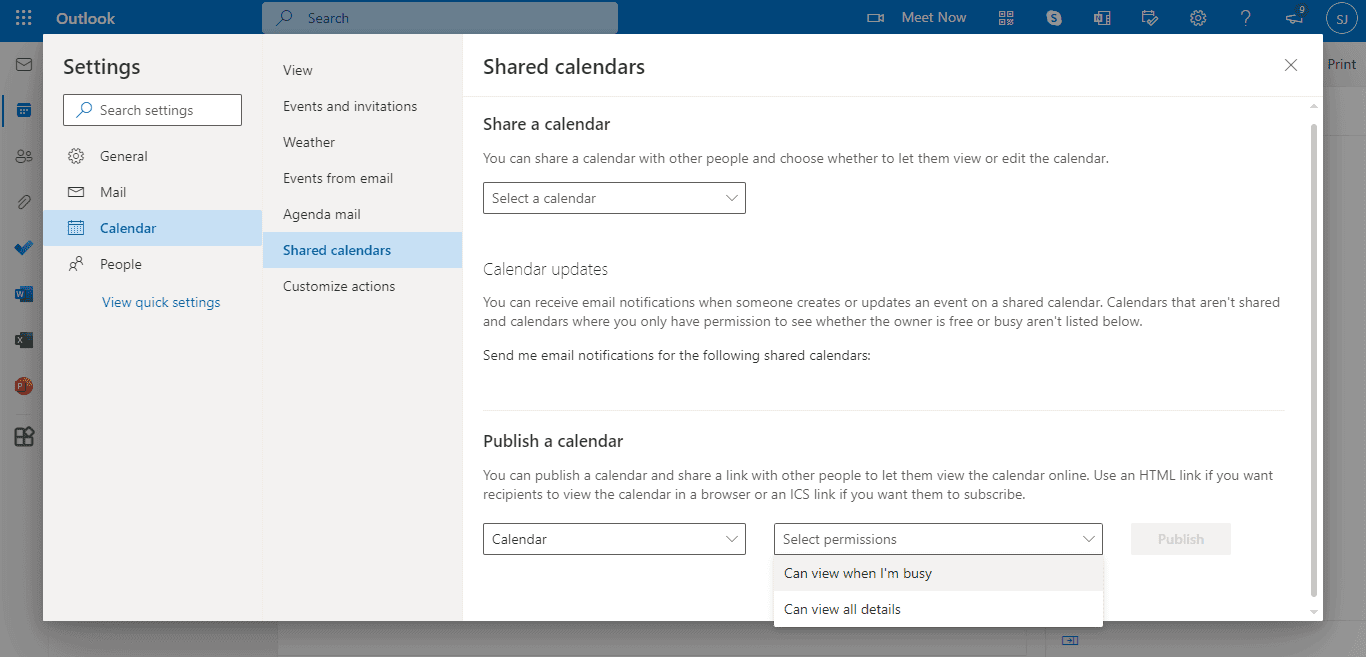 publication du calendrier Outlook sur le Web via Outlook.com