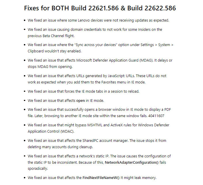 Build 22621.586 e Build 22622.586 correções