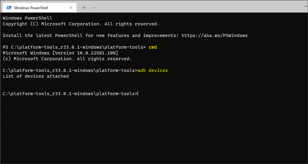ADB commands on PowerShell on Windows 11