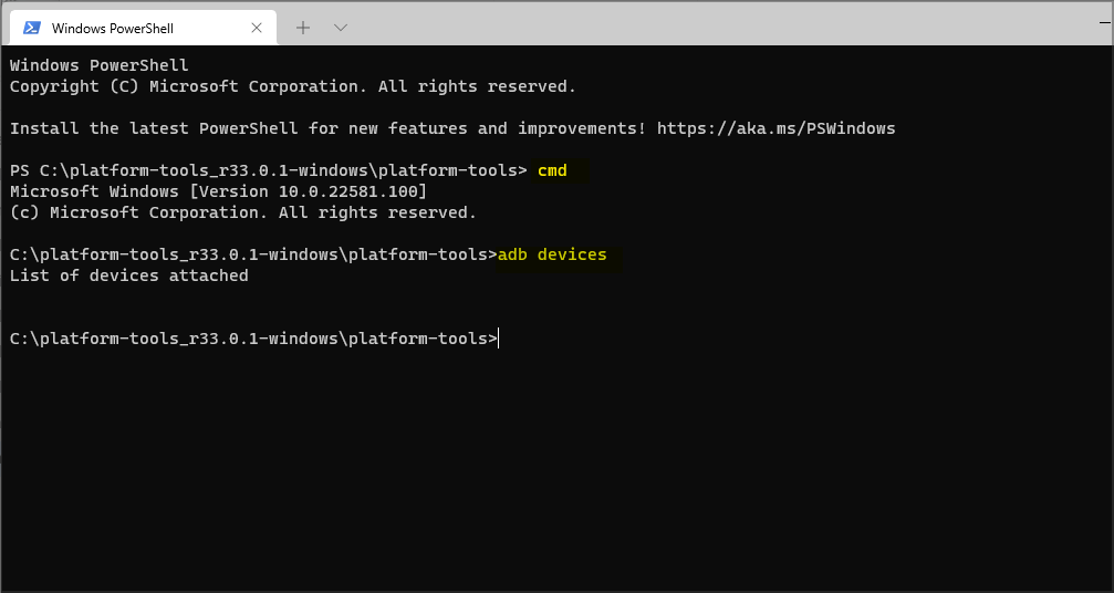 Команды ADB в PowerShell в Windows 11