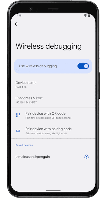 Wireless debugging options on Google Pixel phone