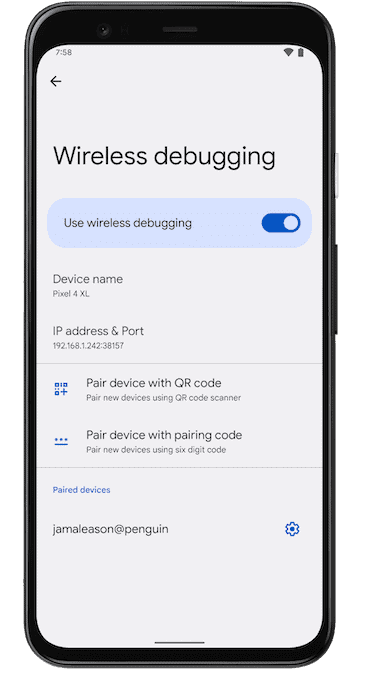 Wireless debugging options on Google Pixel phone