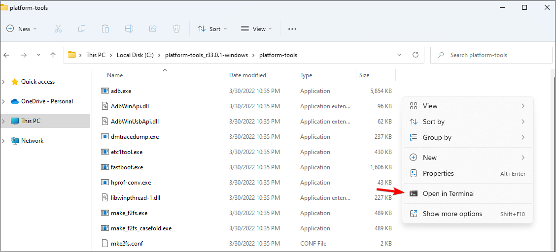 opening the Windows PowerShell command prompt for ADB on File Explorer