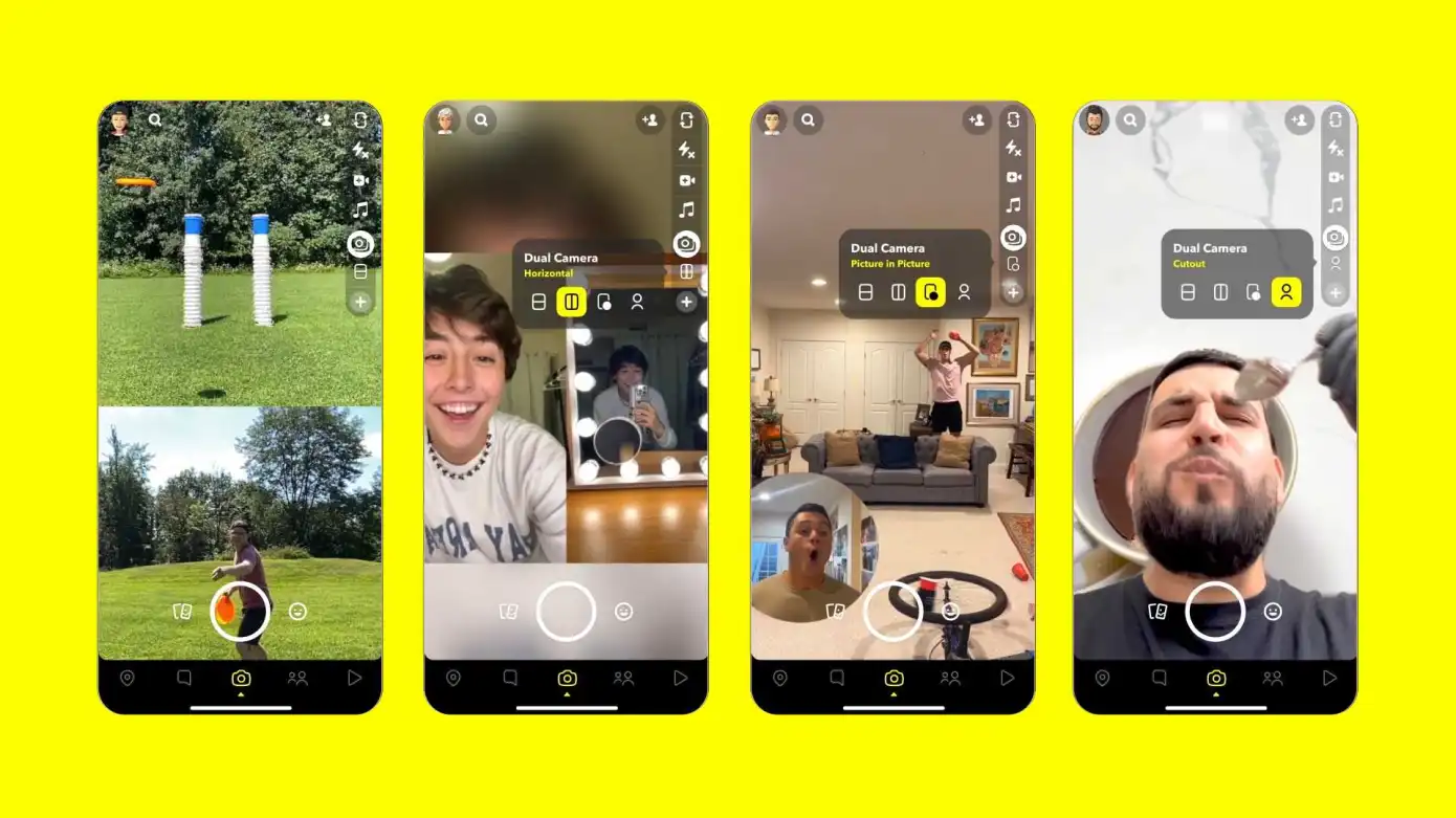 screenshots of four modes of Snapchat's dual camera feature