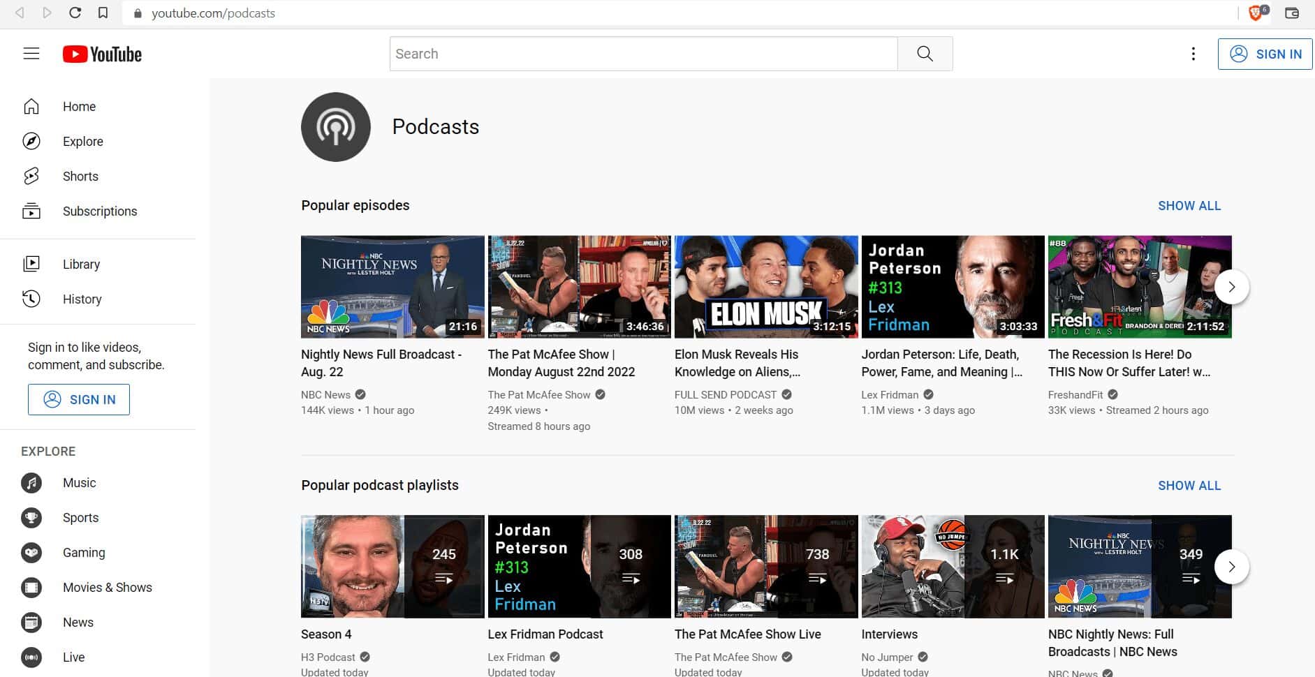 YouTube's new podcast page, web screenshot