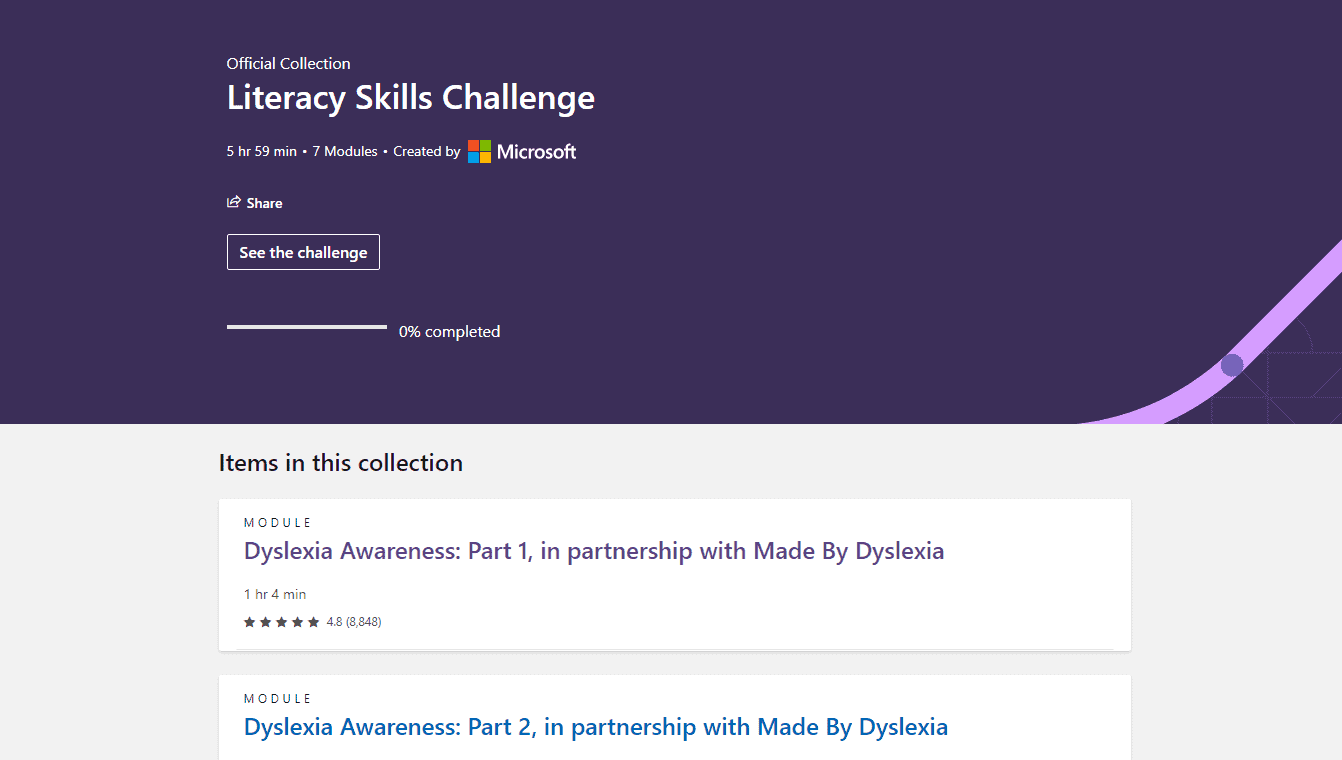 Captura de tela do Desafio de Habilidades de Alfabetização da Microsoft