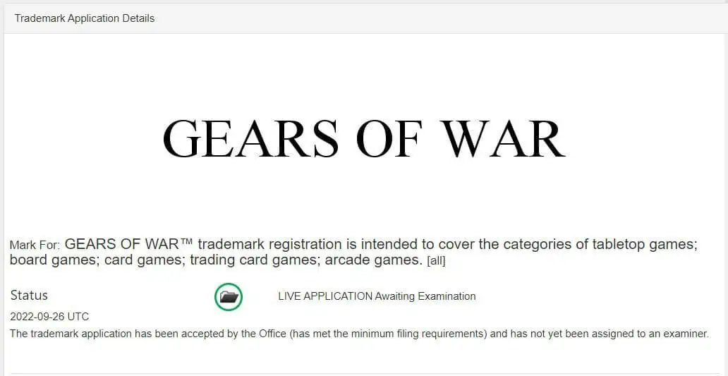 Microsoft's Gears of War trademark registration to USPTO