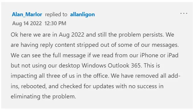 Outlook 365 -sähköpostin runko/sisältö ei näy Microsoft Tech Community -sivulla