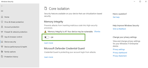 Turning off Memory Integrity in Windows 11