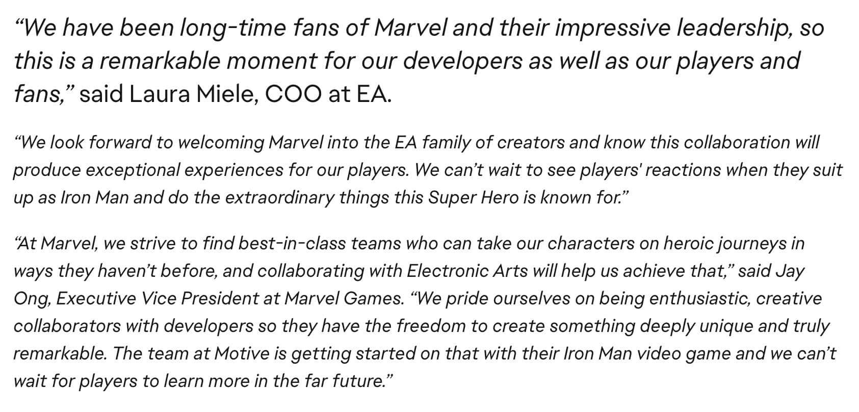 Marvel and EA joint statement