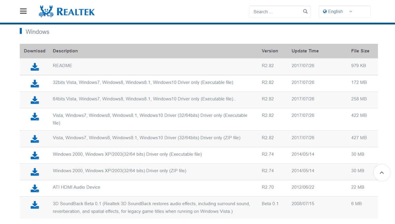 różne wersje sterowników Realtek High Definition Audio Windows na stronie Realtek