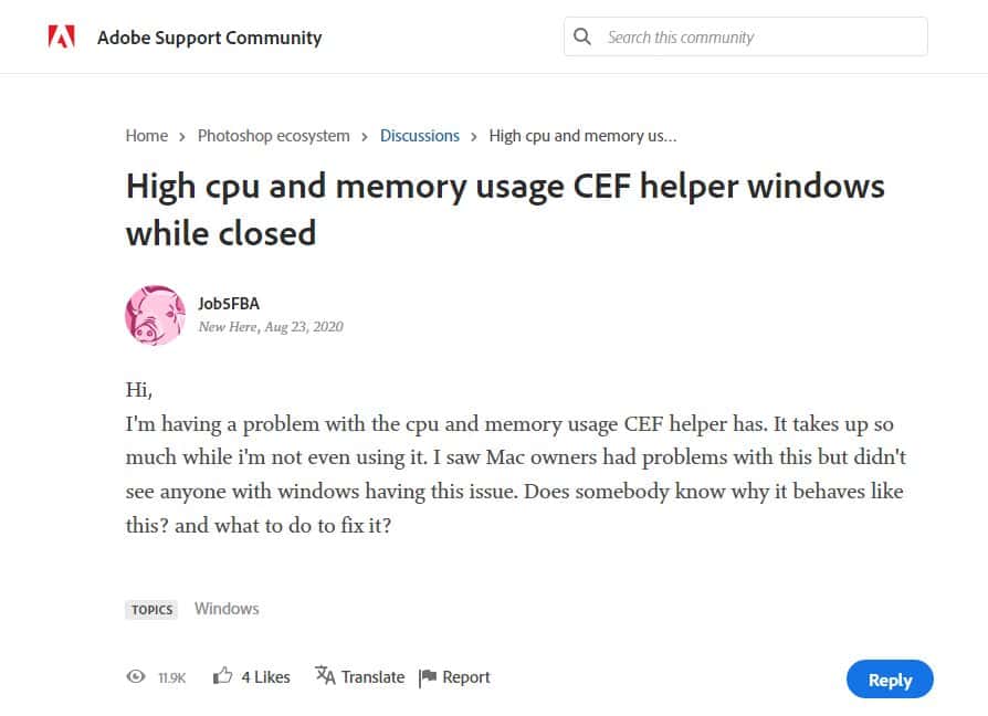 Adobe CEF Helper high CPU usage on Windows complaints