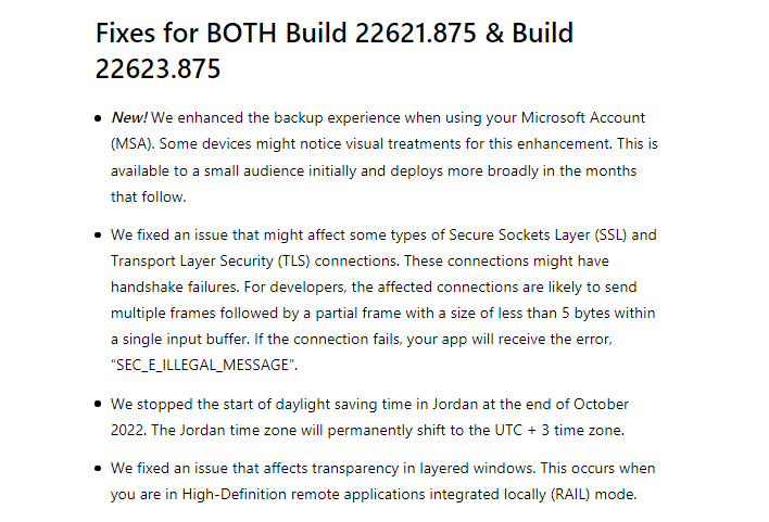 Windows 11 Insider Preview Build 22621.875 and Build 22623.875 fixes