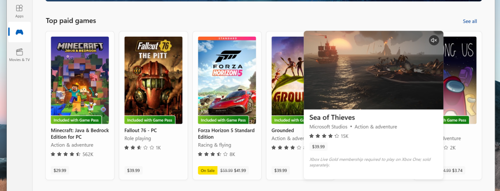 Pop-up trailers for games and movies in the Microsoft Store version 22209